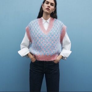 Zara Pink and Blue V-Neck Sweater